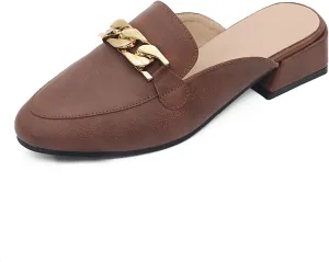 Women Leather Metal Chain Chunky Heel Mules Sandals Classic Trendy Comfortable Slip On Round Toe Low Block Heel Backless Loafers