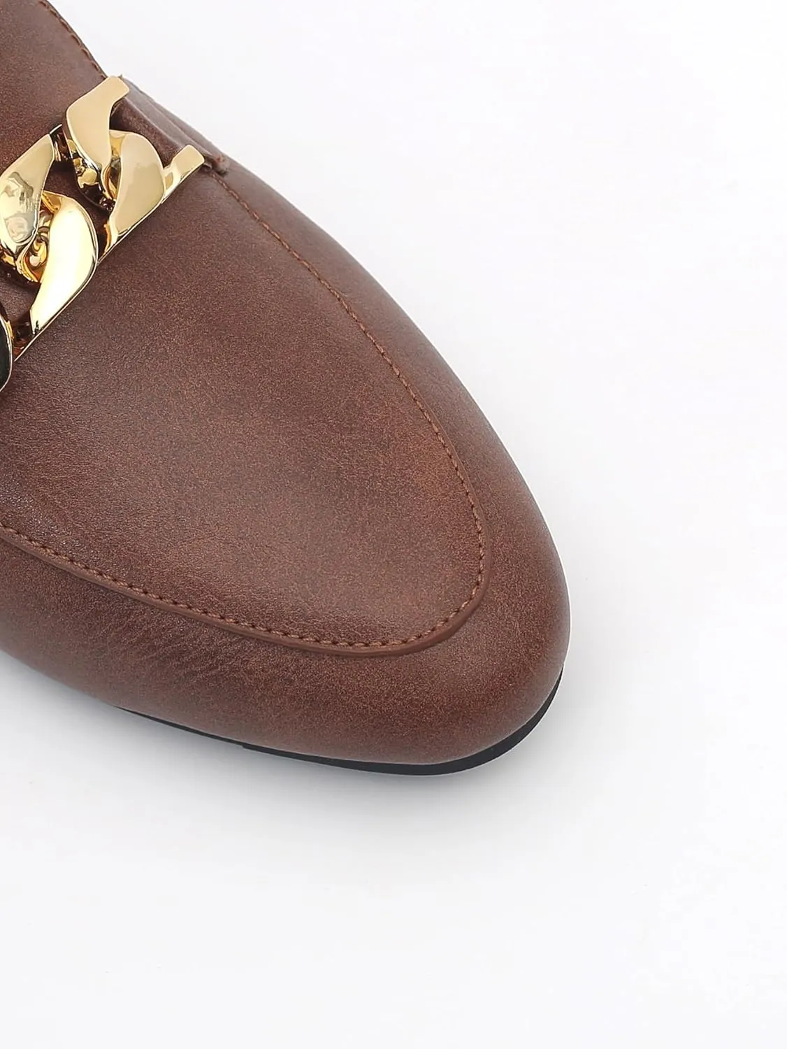 Women Leather Metal Chain Chunky Heel Mules Sandals Classic Trendy Comfortable Slip On Round Toe Low Block Heel Backless Loafers