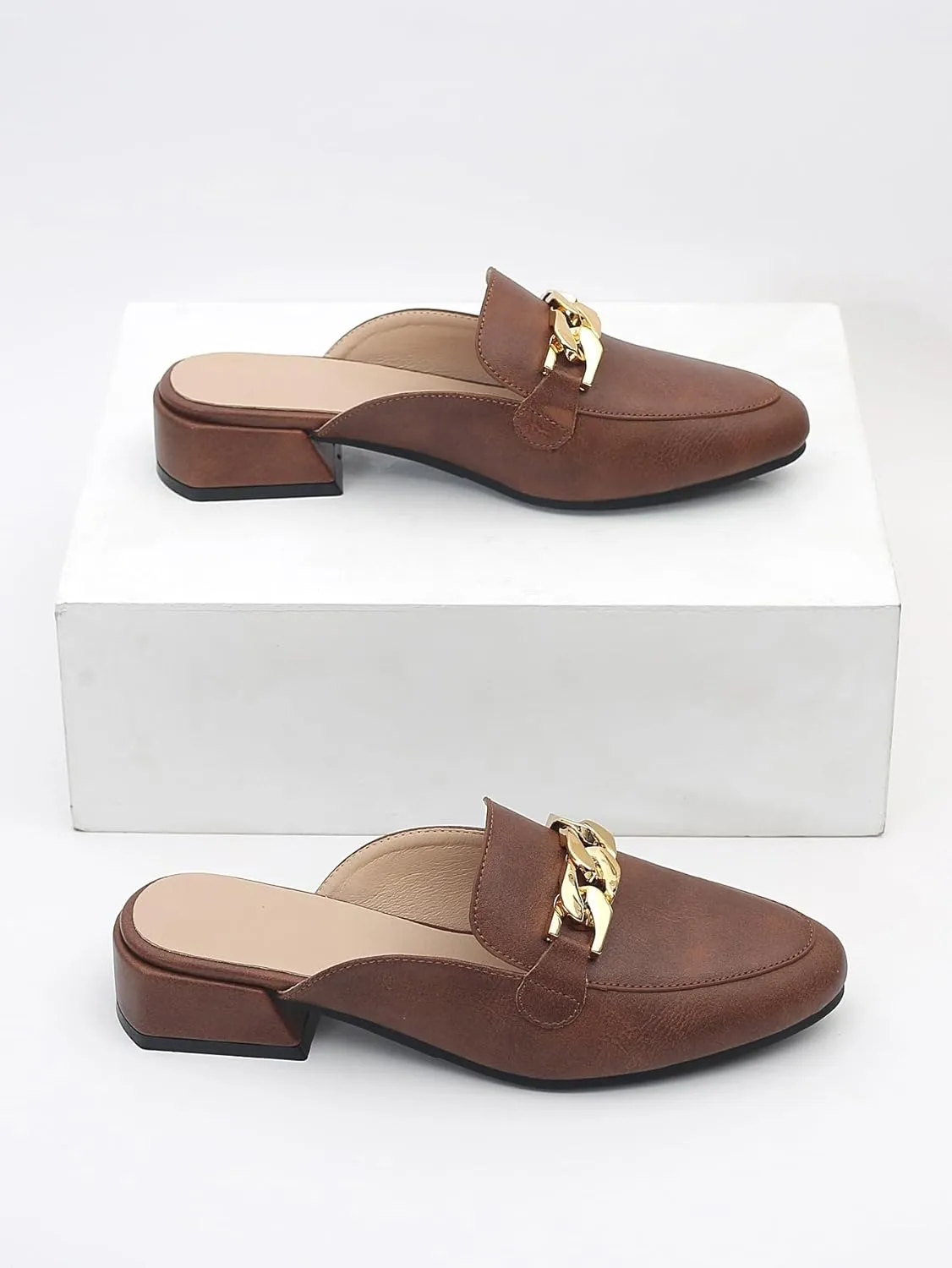 Women Leather Metal Chain Chunky Heel Mules Sandals Classic Trendy Comfortable Slip On Round Toe Low Block Heel Backless Loafers