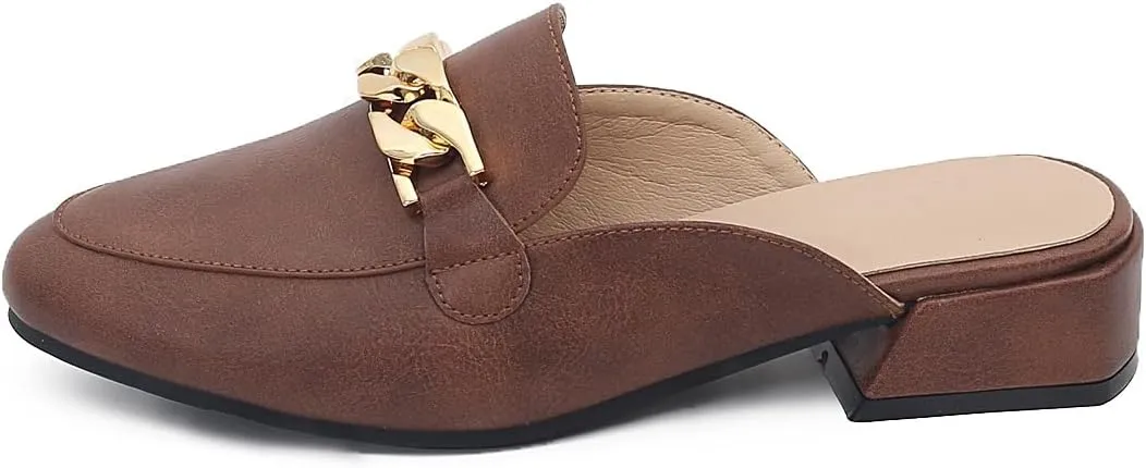 Women Leather Metal Chain Chunky Heel Mules Sandals Classic Trendy Comfortable Slip On Round Toe Low Block Heel Backless Loafers