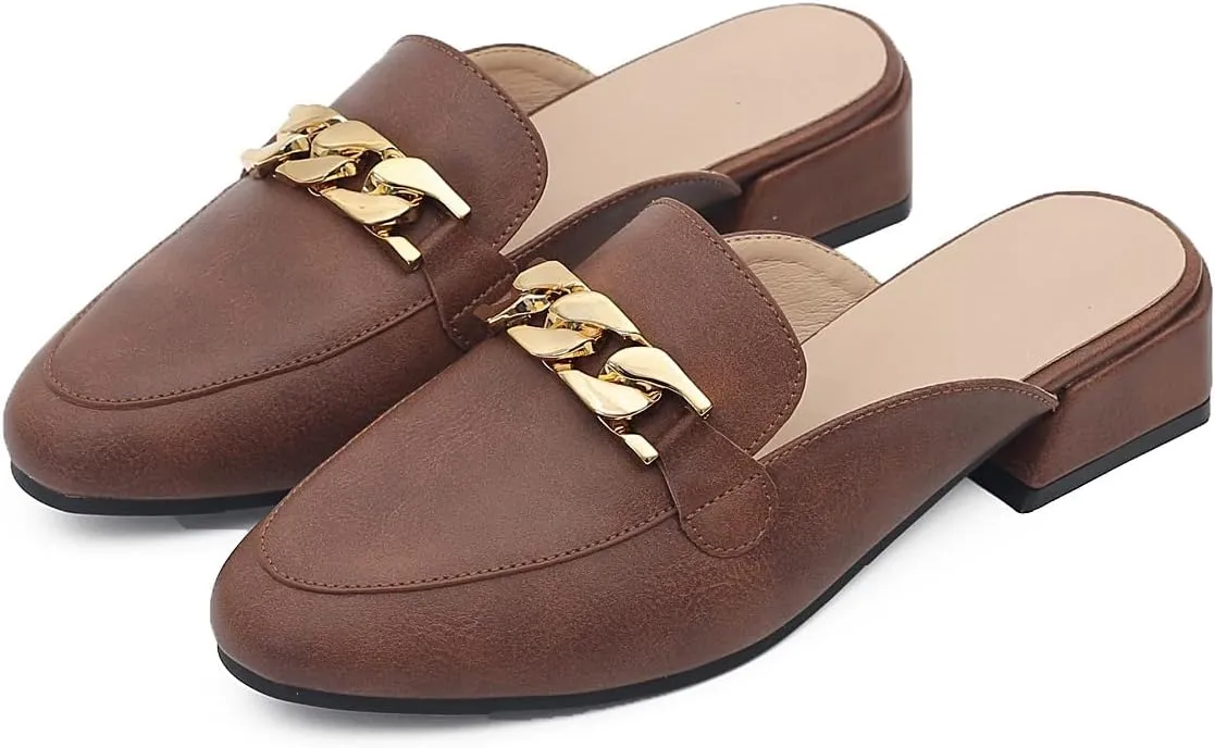 Women Leather Metal Chain Chunky Heel Mules Sandals Classic Trendy Comfortable Slip On Round Toe Low Block Heel Backless Loafers