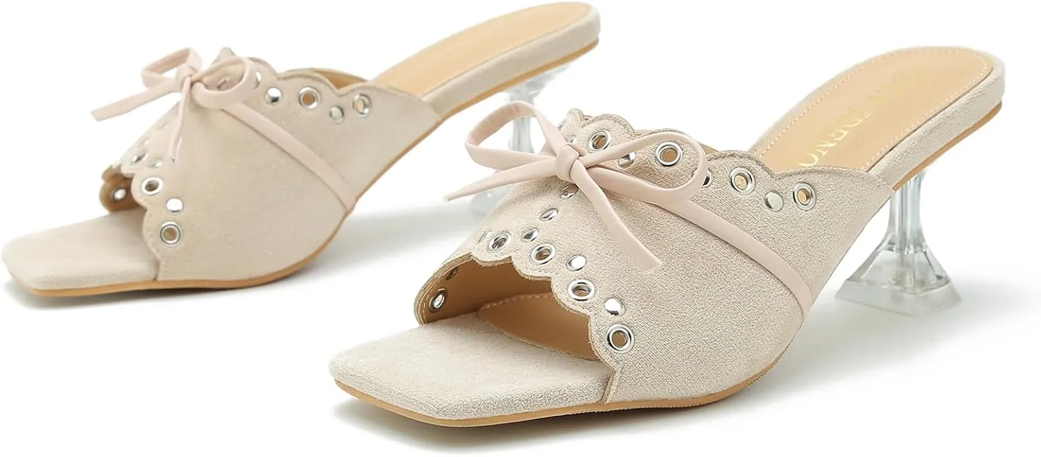 Women's Bow Heels Slippers Square Toe Clear Kitten Heeled Sandals Comfortable Mules Slip On Party Prom Dress Shoes