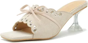 Women's Bow Heels Slippers Square Toe Clear Kitten Heeled Sandals Comfortable Mules Slip On Party Prom Dress Shoes