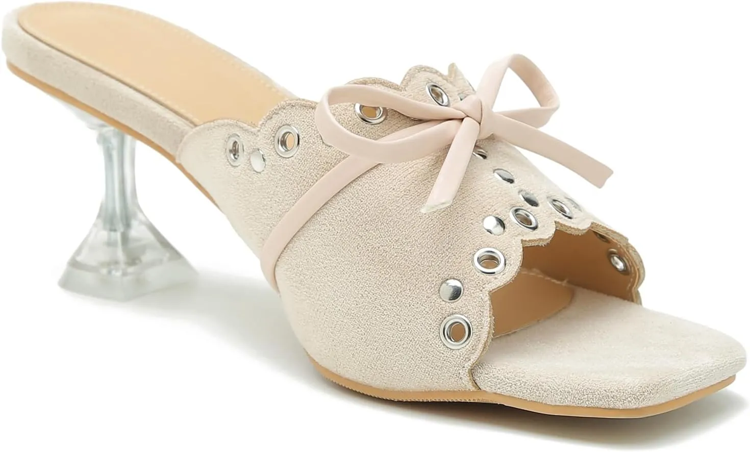 Women's Bow Heels Slippers Square Toe Clear Kitten Heeled Sandals Comfortable Mules Slip On Party Prom Dress Shoes