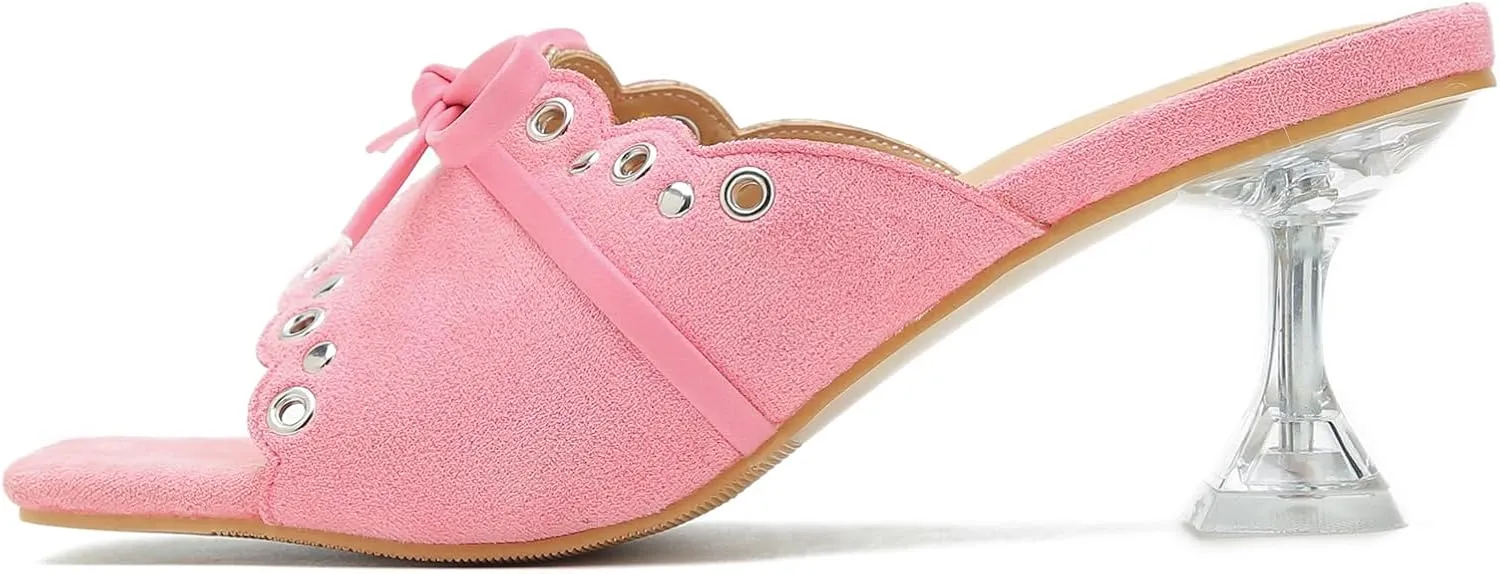 Women's Bow Heels Slippers Square Toe Clear Kitten Heeled Sandals Comfortable Mules Slip On Party Prom Dress Shoes