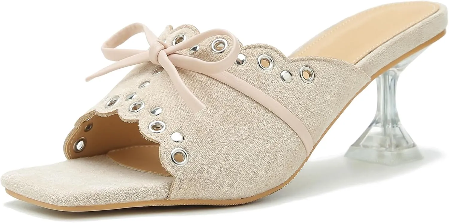 Women's Bow Heels Slippers Square Toe Clear Kitten Heeled Sandals Comfortable Mules Slip On Party Prom Dress Shoes