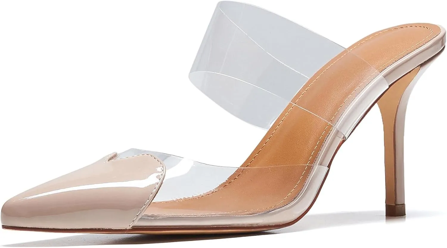 Women's Clear PVC Heeled Sandals Closed Pointed Toe Heart Cut Mules Transparent Slingback Pumps Summer Stiletto High Heels Party Prom Dress Shoes