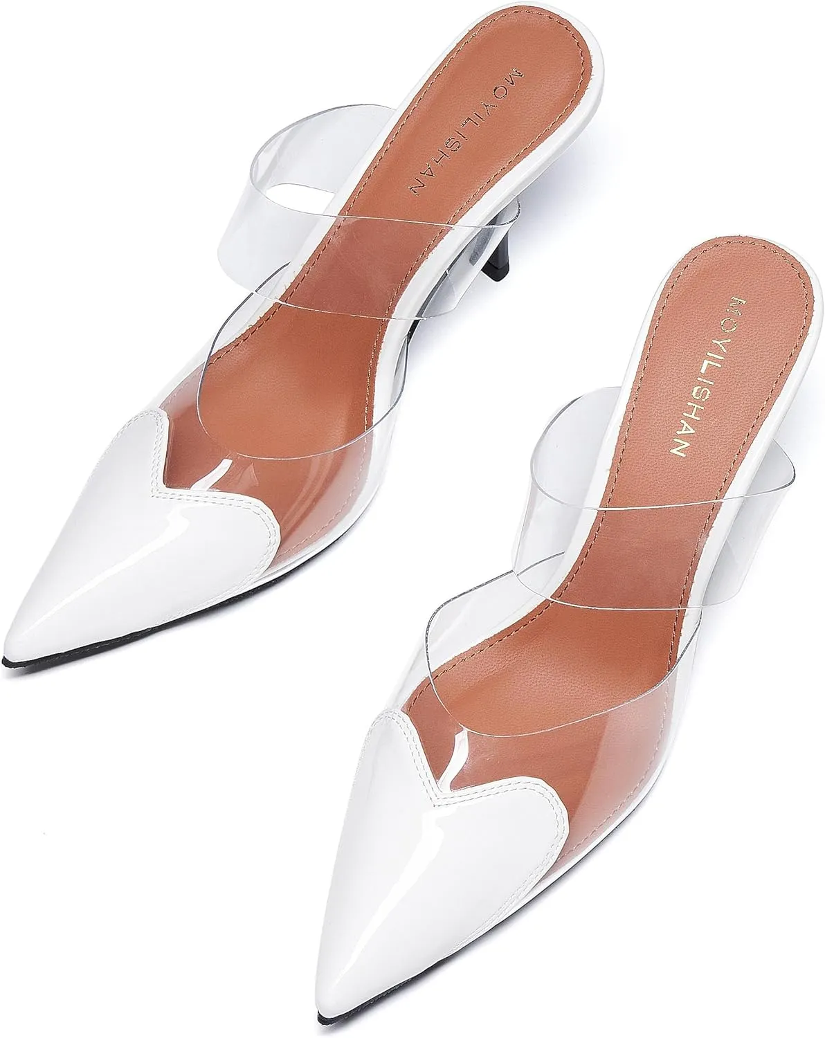 Women's Clear PVC Heeled Sandals Closed Pointed Toe Heart Cut Mules Transparent Slingback Pumps Summer Stiletto High Heels Party Prom Dress Shoes