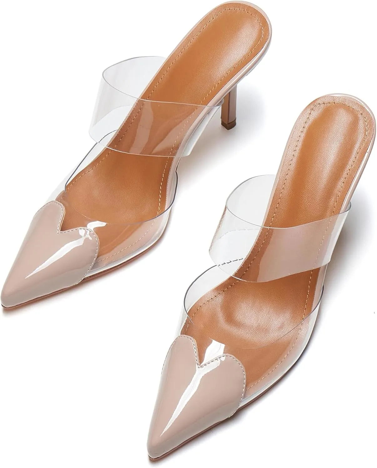 Women's Clear PVC Heeled Sandals Closed Pointed Toe Heart Cut Mules Transparent Slingback Pumps Summer Stiletto High Heels Party Prom Dress Shoes