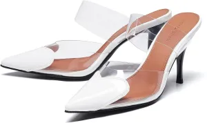 Women's Clear PVC Heeled Sandals Closed Pointed Toe Heart Cut Mules Transparent Slingback Pumps Summer Stiletto High Heels Party Prom Dress Shoes