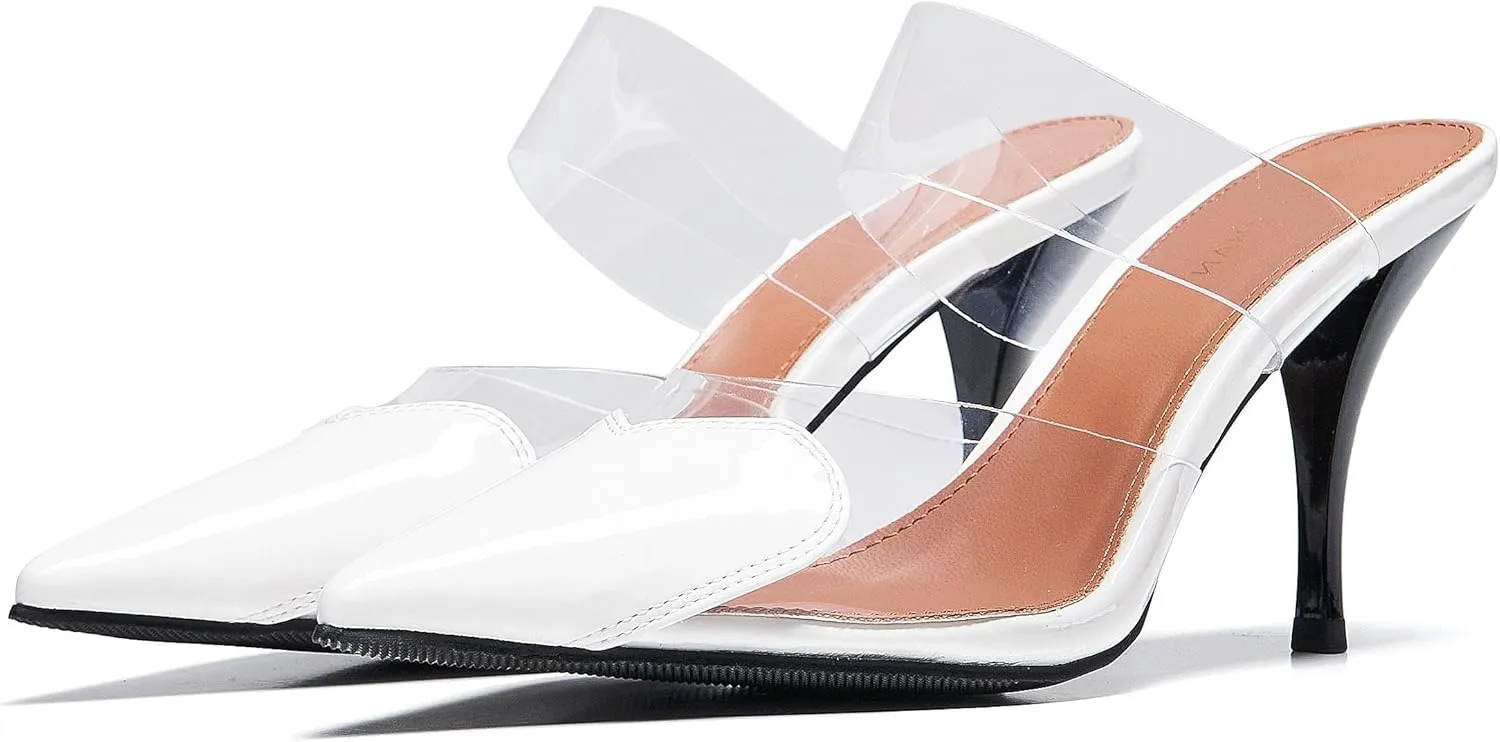 Women's Clear PVC Heeled Sandals Closed Pointed Toe Heart Cut Mules Transparent Slingback Pumps Summer Stiletto High Heels Party Prom Dress Shoes