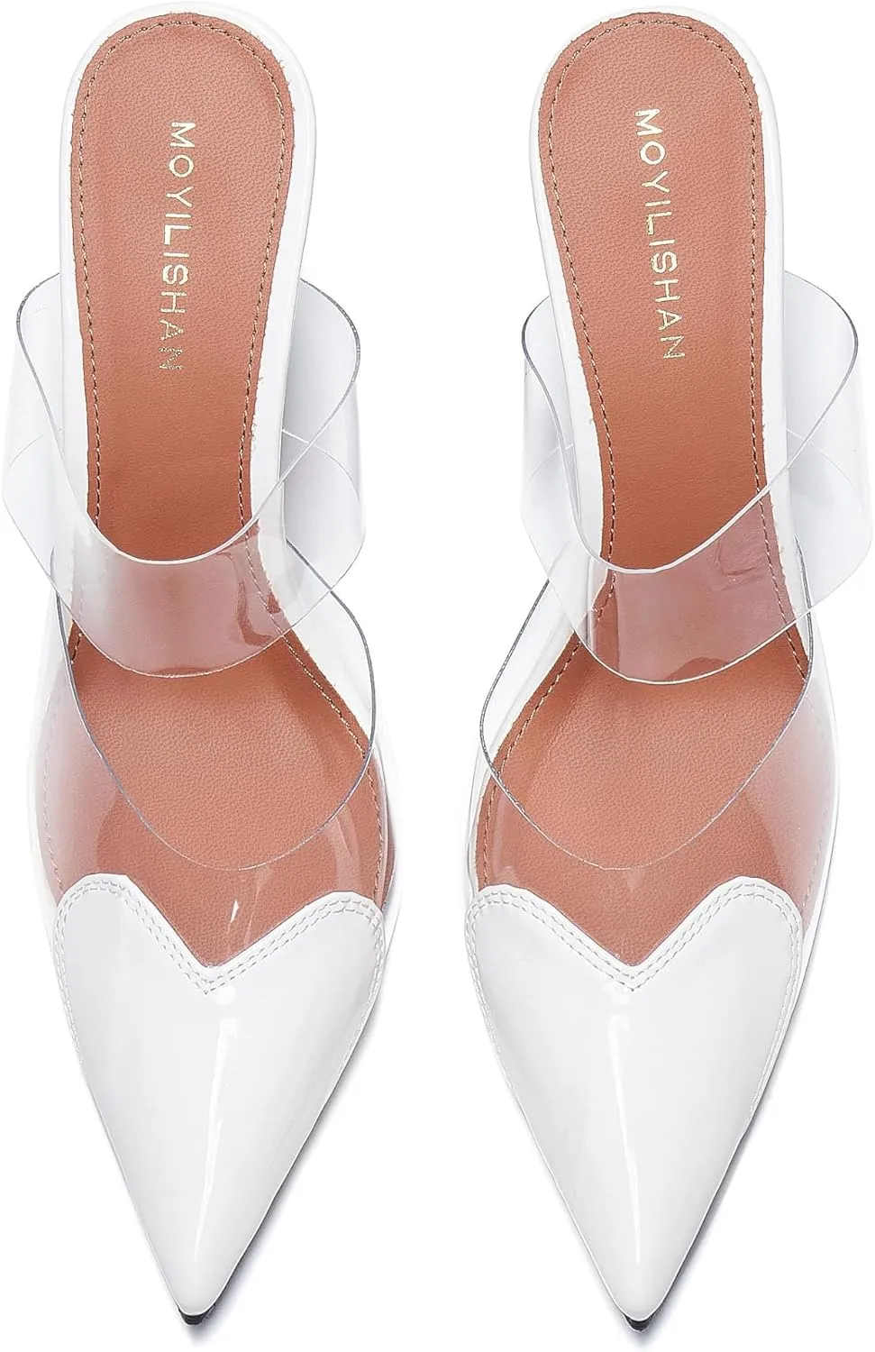Women's Clear PVC Heeled Sandals Closed Pointed Toe Heart Cut Mules Transparent Slingback Pumps Summer Stiletto High Heels Party Prom Dress Shoes