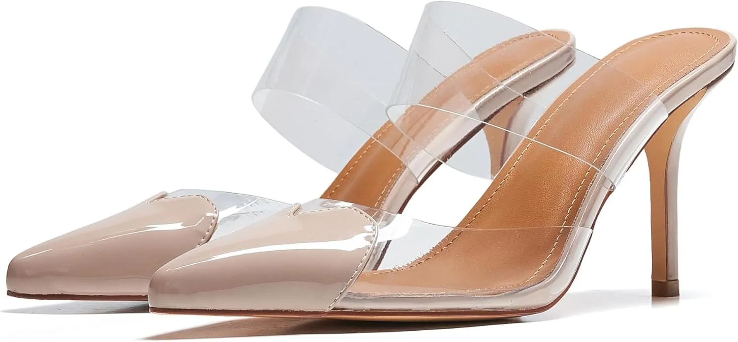 Women's Clear PVC Heeled Sandals Closed Pointed Toe Heart Cut Mules Transparent Slingback Pumps Summer Stiletto High Heels Party Prom Dress Shoes