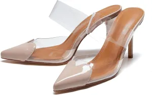 Women's Clear PVC Heeled Sandals Closed Pointed Toe Heart Cut Mules Transparent Slingback Pumps Summer Stiletto High Heels Party Prom Dress Shoes