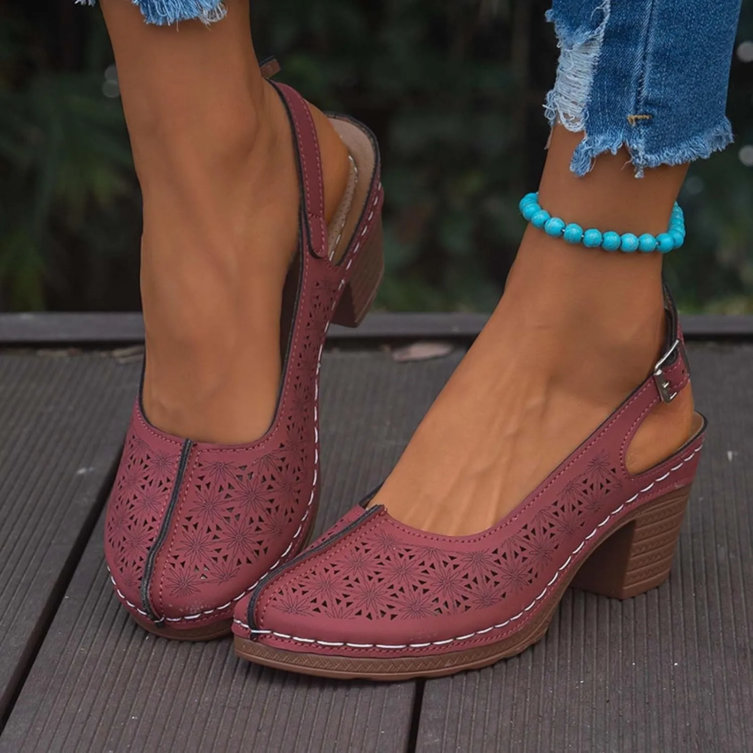 Women's Closed Round Toe Hollow Out Vamp Ankle Strap Buckle Low Block Chunky Heels Sandals Heel Bohemian with Arch Support Wide Width Cut-Out Comfortable Slip On Back Mule Clogs Beach Shoes