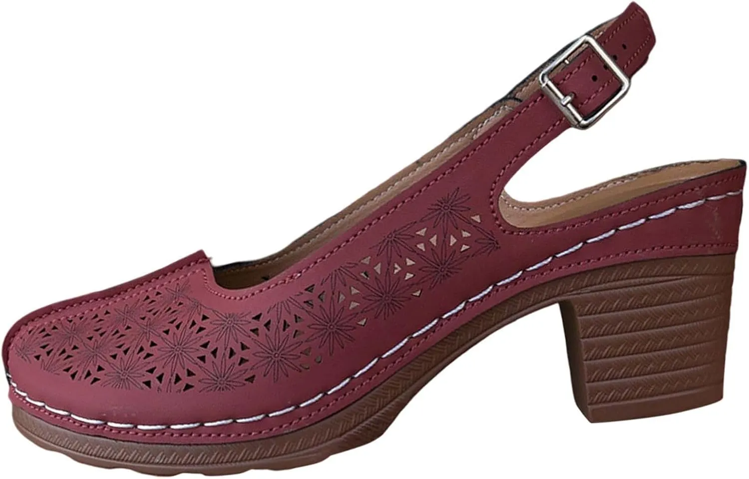 Women's Closed Round Toe Hollow Out Vamp Ankle Strap Buckle Low Block Chunky Heels Sandals Heel Bohemian with Arch Support Wide Width Cut-Out Comfortable Slip On Back Mule Clogs Beach Shoes