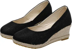 Women's Closed Toe Espadrilles Wedge Sandals Round Slip On Comfy Platform Pumps Shoes Solid Color Pointed Comfortable Canvas Wide Width Sandal Shoes Dressy Casual Summer Espadrille Wedges