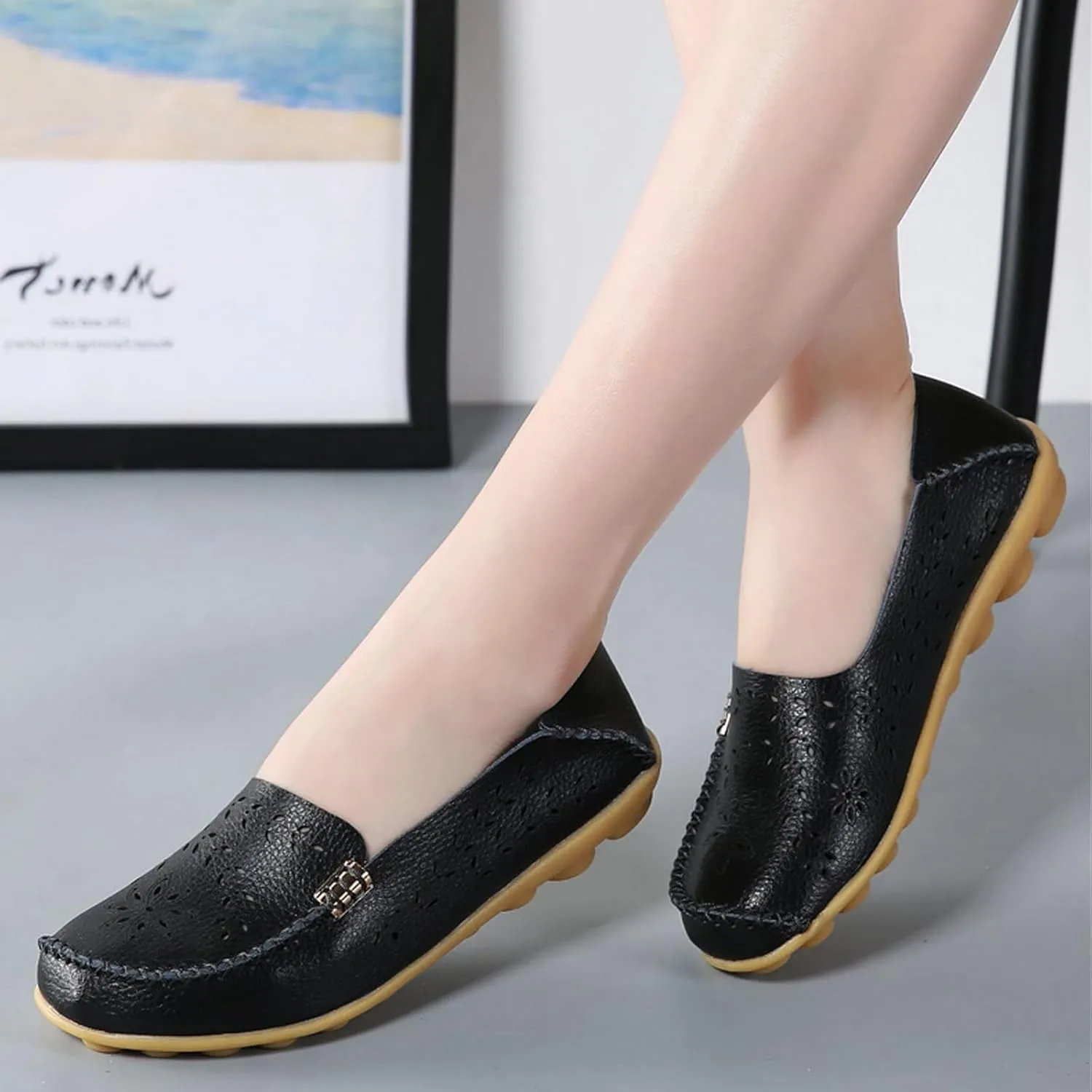 Womens Comfort Walking Cute Flat Loafer Ballet Flats Shoes Cute Penny Loafer Slip On Walking Driving Shoes with Diamond Eyelets