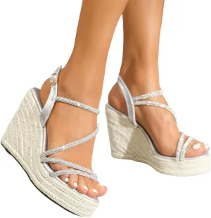 Women's Espadrille Wedges Sandals Rhinestone Shiny Open Toe Casual Sandals Ankle Strap Buckle Platform Summer Dress Shoes