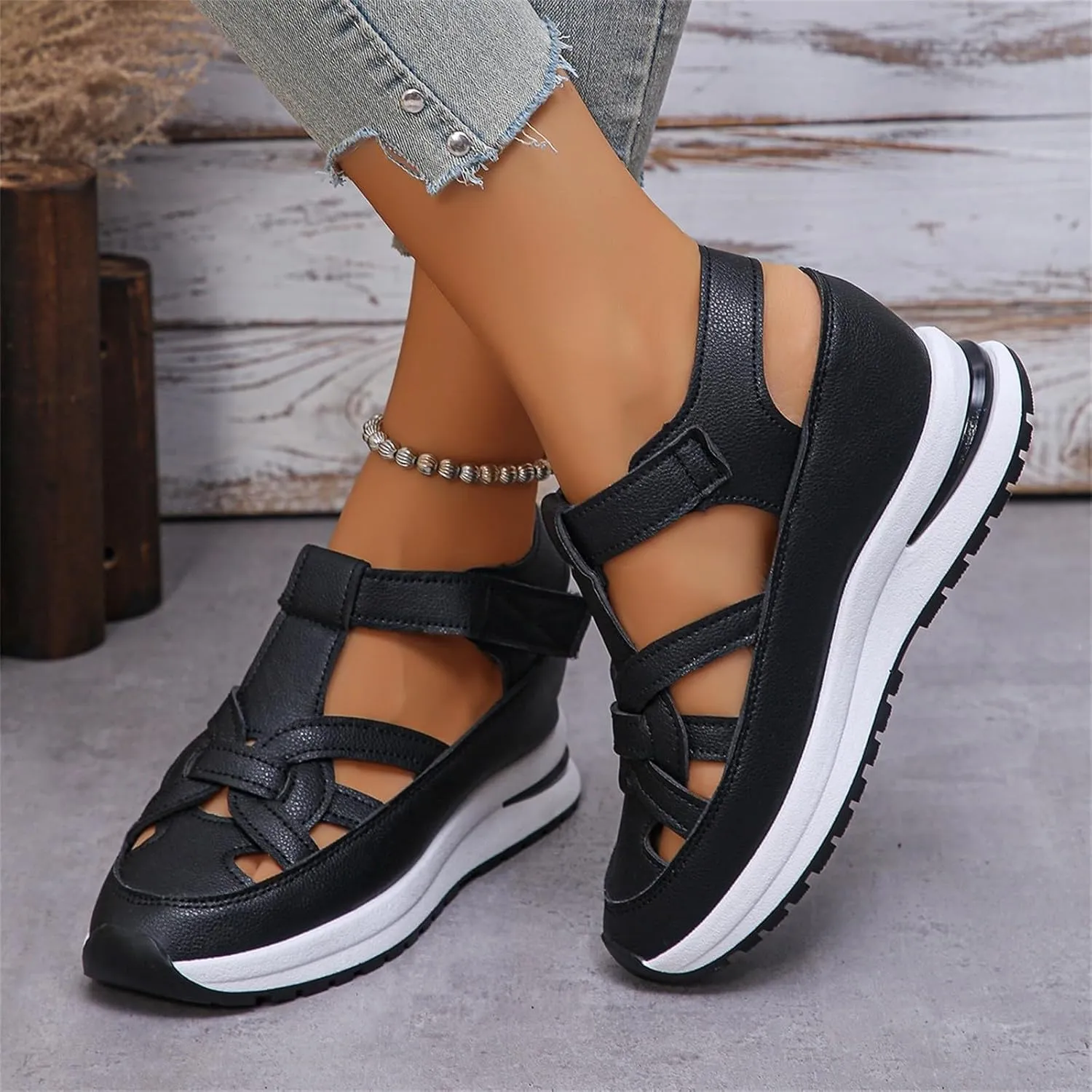 Womens Hollow Out Platform Wedge Sandals Lightweight Closed Toe Sandals Casual Ankle Strap Breathable Sandal Comfortable Summer Beach Shoes