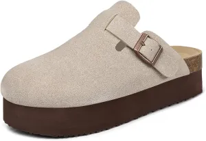 Women's Platform Clogs Adjustable Buckle Cork Footbed Slip on Suede Clog Slippers - Comfort Platform Clogs Leather Mules Cork Footbed Potato Shoes 6-11 Size