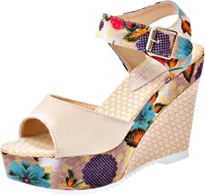 Women's Printing Flower Espadrille Wedges Platform Sandals Comfortable Buckle Ankle Strap Casual High Lace Sandal