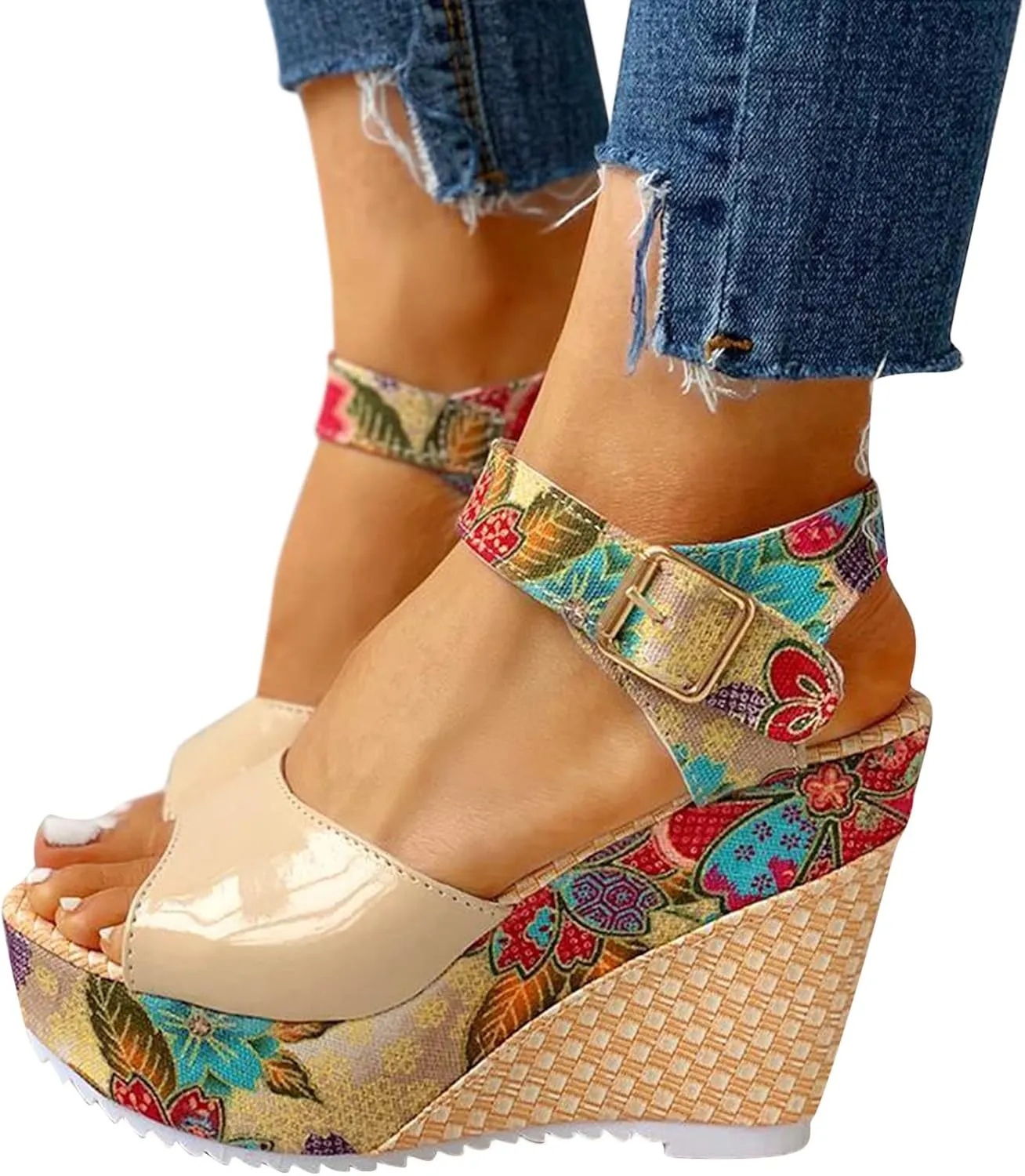 Women's Printing Flower Espadrille Wedges Platform Sandals Comfortable Buckle Ankle Strap Casual High Lace Sandal