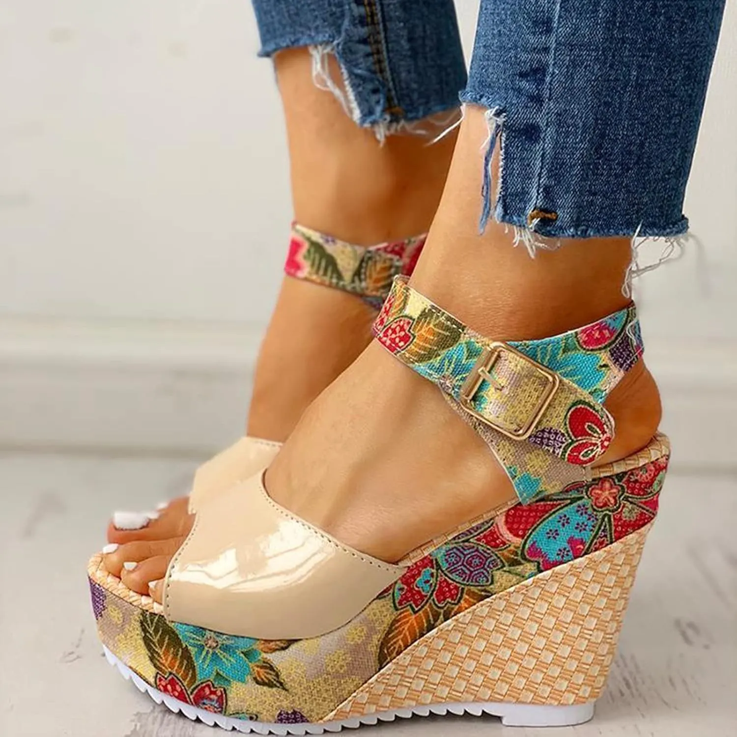 Women's Printing Flower Espadrille Wedges Platform Sandals Comfortable Buckle Ankle Strap Casual High Lace Sandal