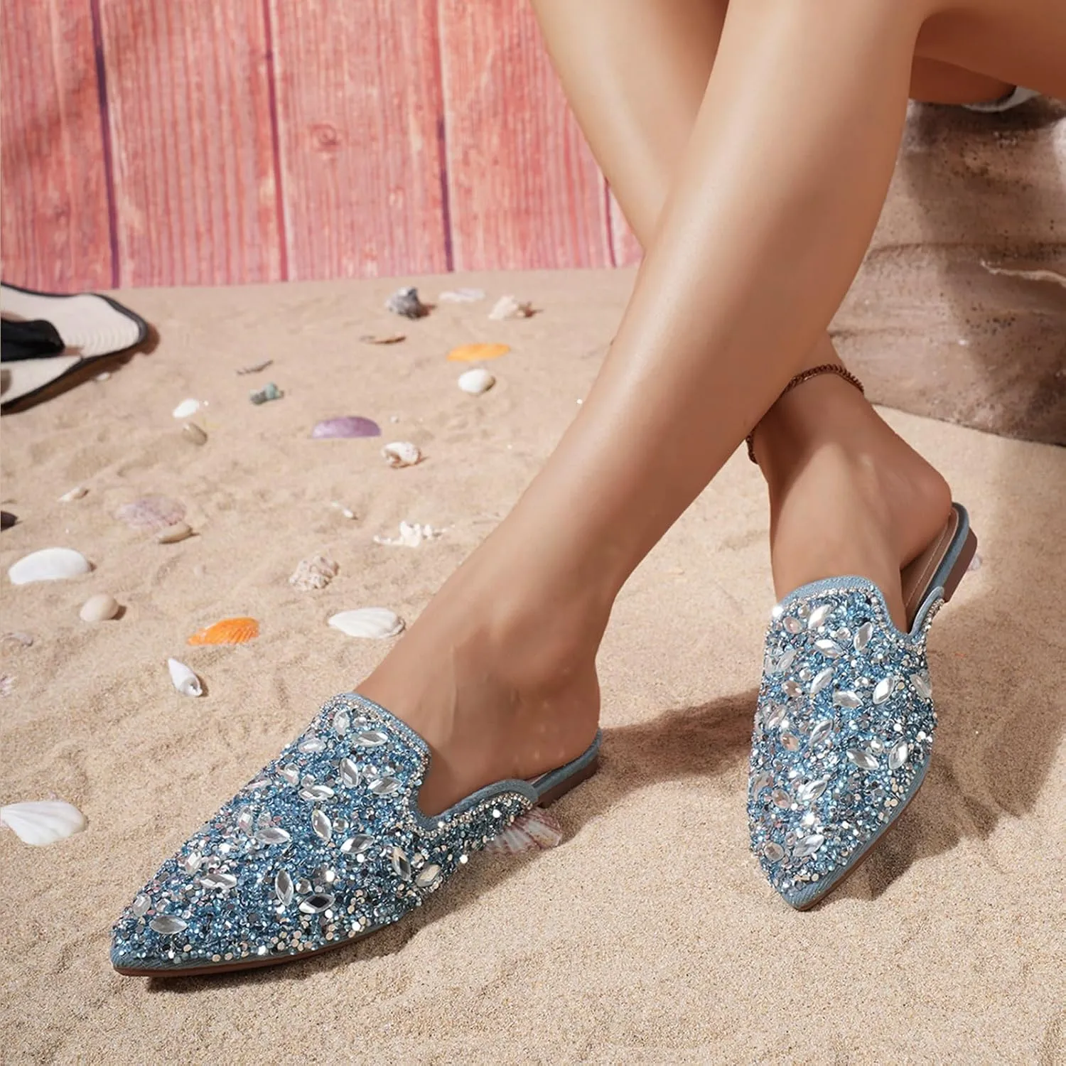 Women's Rhinestone Pointed Toe Flat Mules Soft Memory Foam Insole Backless Slip On Glitter Slides Loafer Dress Clogs Flats