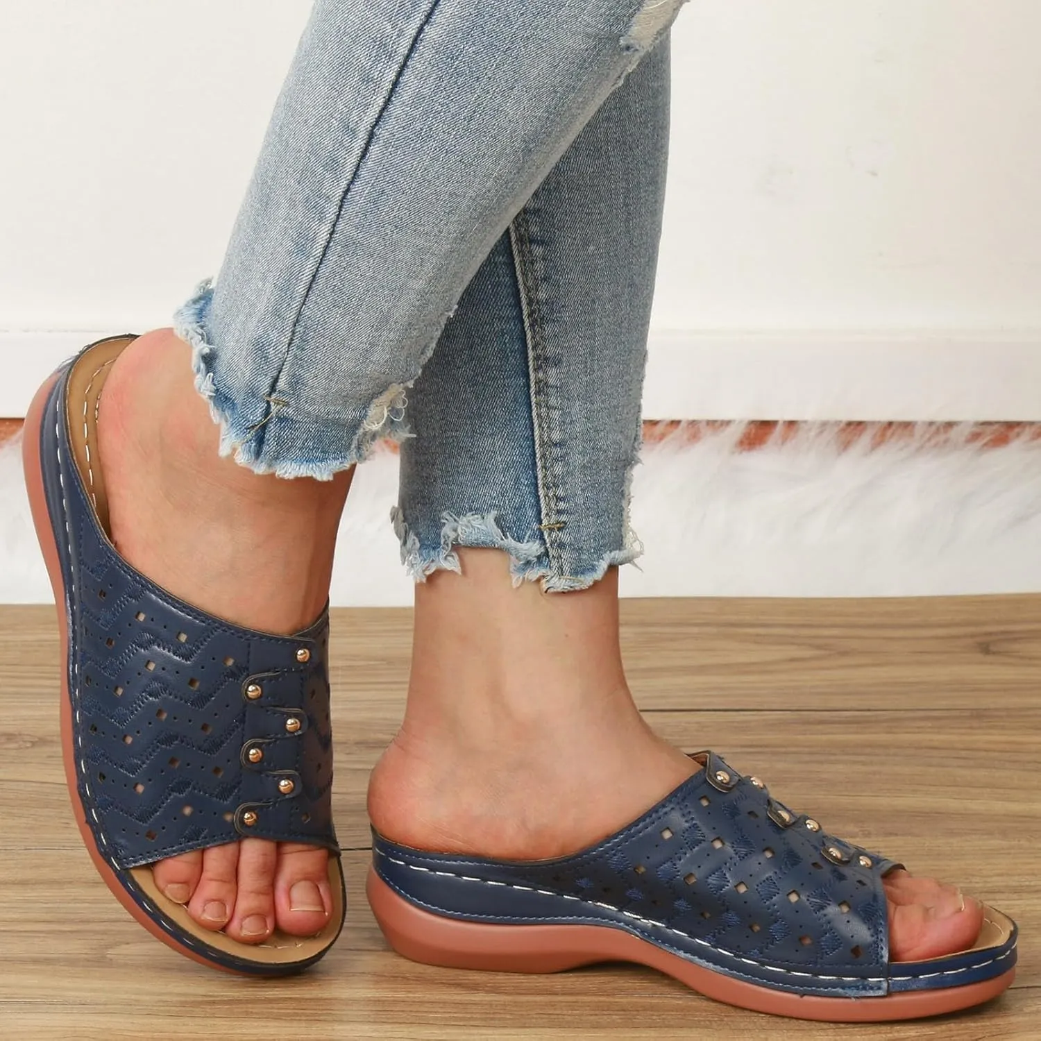 Women's Soft Soled Cushioned Wedge Slide Open Toe Wedge Sandals Versatile Sandals Breathable Casual Sandals