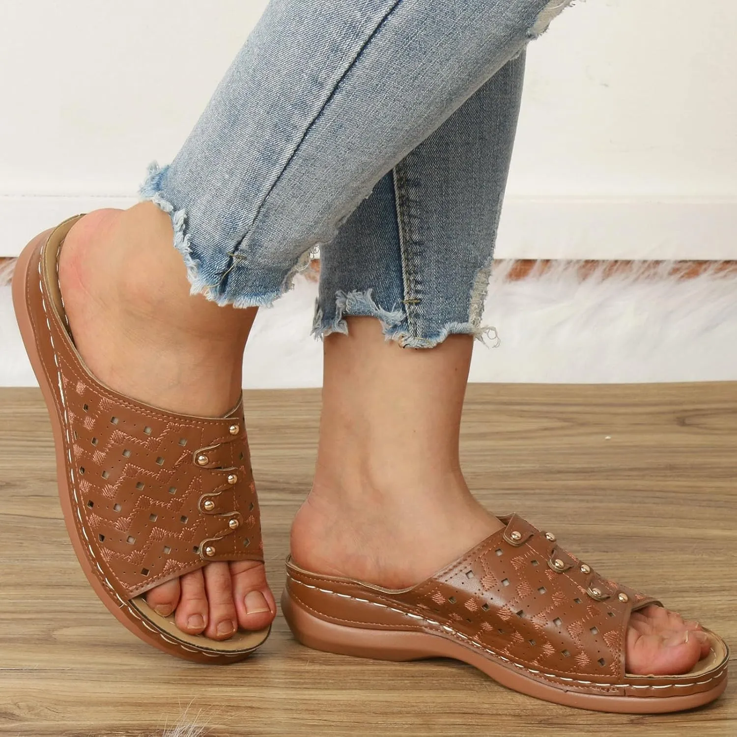 Women's Soft Soled Cushioned Wedge Slide Open Toe Wedge Sandals Versatile Sandals Breathable Casual Sandals