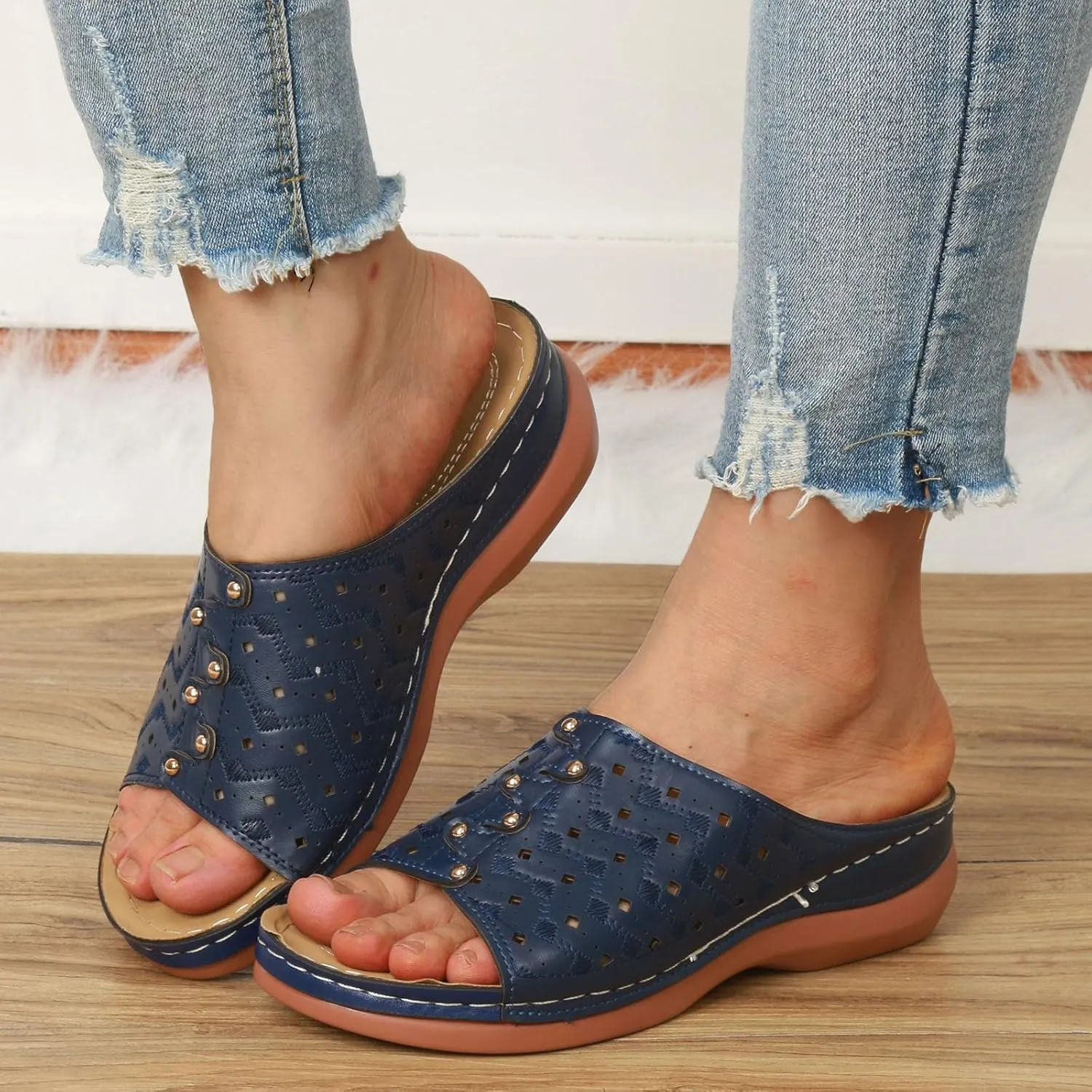 Women's Soft Soled Cushioned Wedge Slide Open Toe Wedge Sandals Versatile Sandals Breathable Casual Sandals