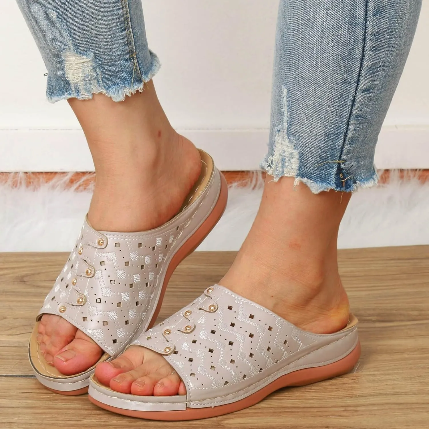 Women's Soft Soled Cushioned Wedge Slide Open Toe Wedge Sandals Versatile Sandals Breathable Casual Sandals