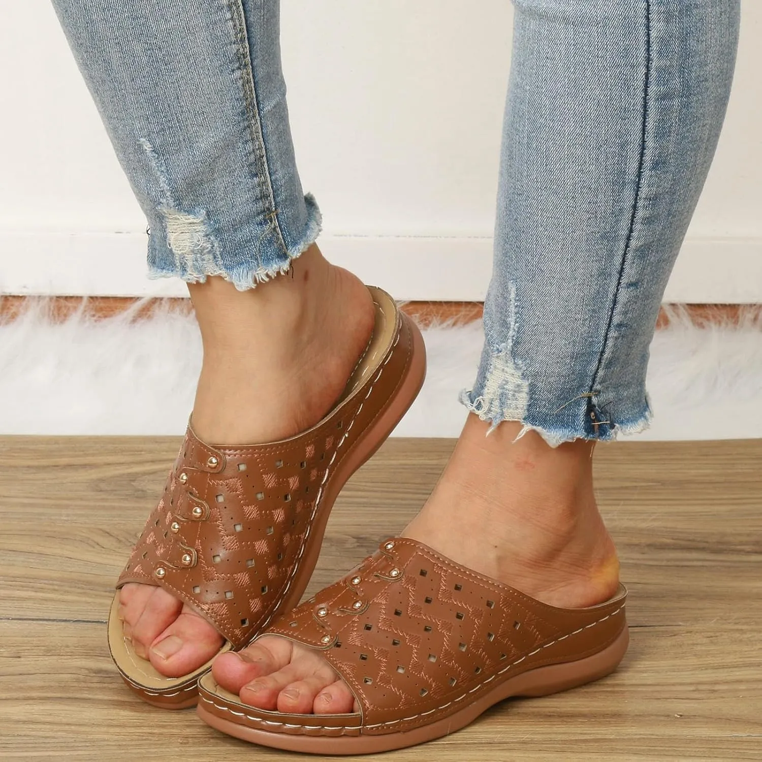 Women's Soft Soled Cushioned Wedge Slide Open Toe Wedge Sandals Versatile Sandals Breathable Casual Sandals