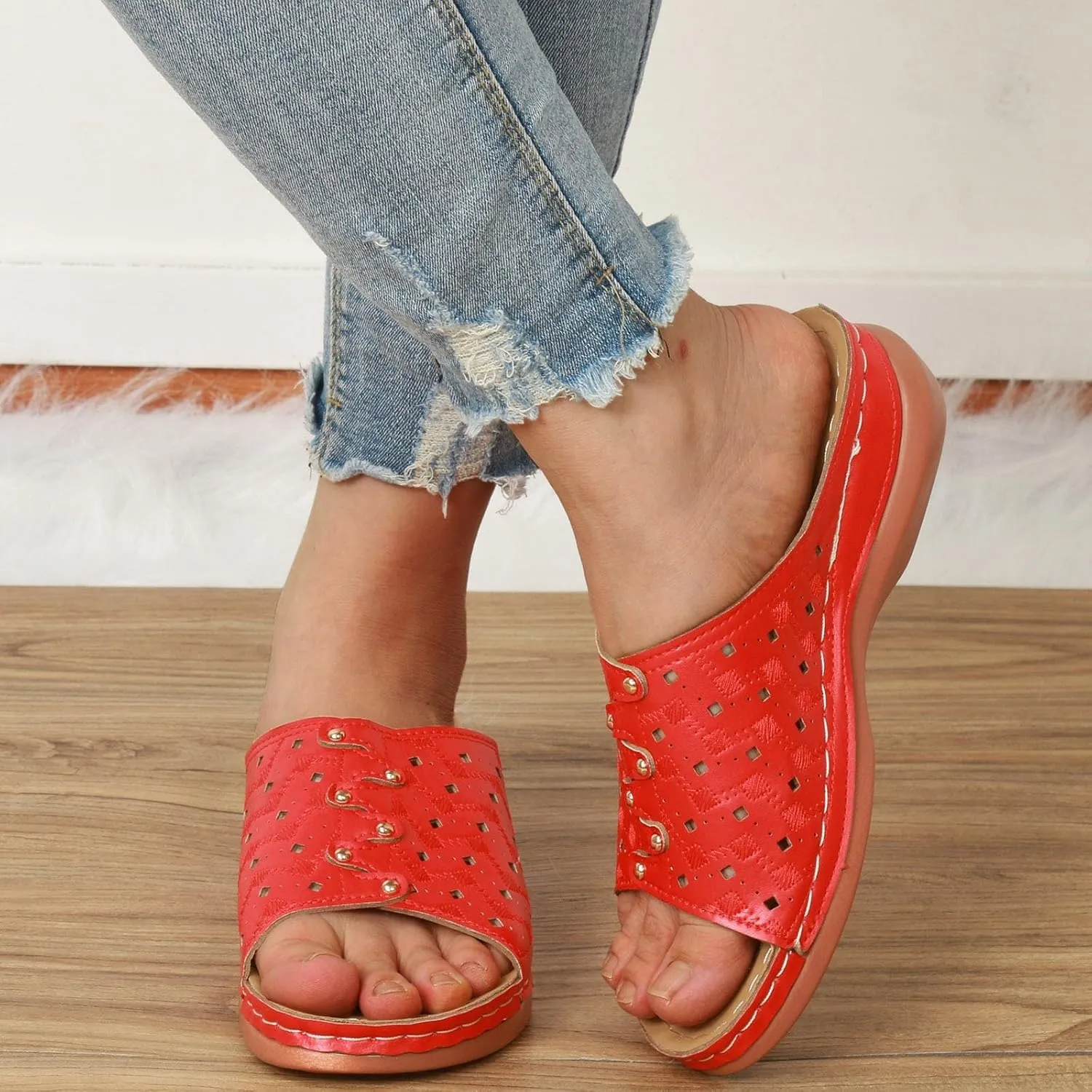 Women's Soft Soled Cushioned Wedge Slide Open Toe Wedge Sandals Versatile Sandals Breathable Casual Sandals
