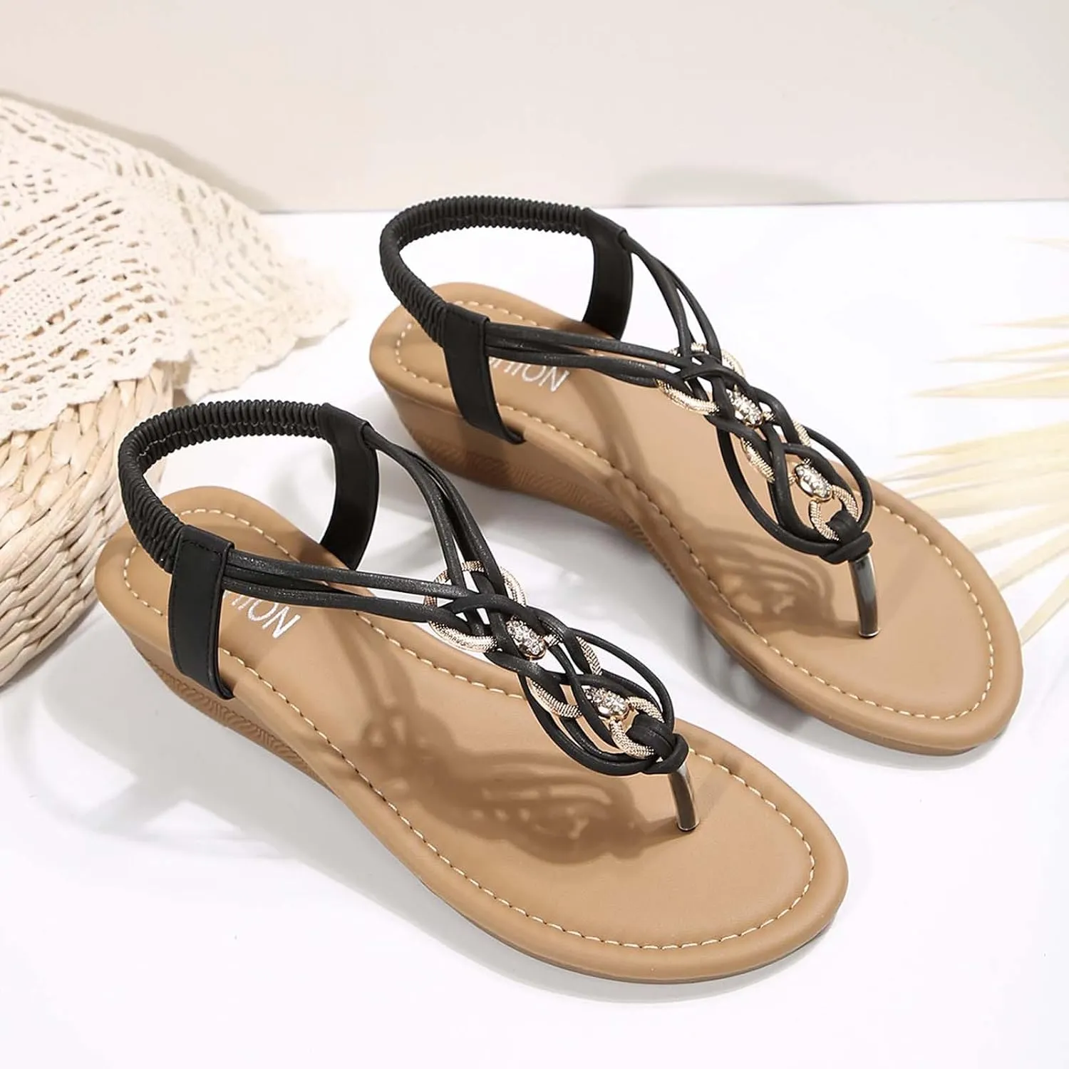 Women's Summer Casual Comfortable Mid Heel Sandals Slip On Flip Flops For Beach Vacation Walking Dating Work Pure Color Toe Post Design