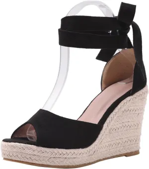 Womens Wedge Sandals Bowknot Open Toe Espadrille Platform Sandals Slip On Casual Comfy Wedge Heels Sandals Shoes