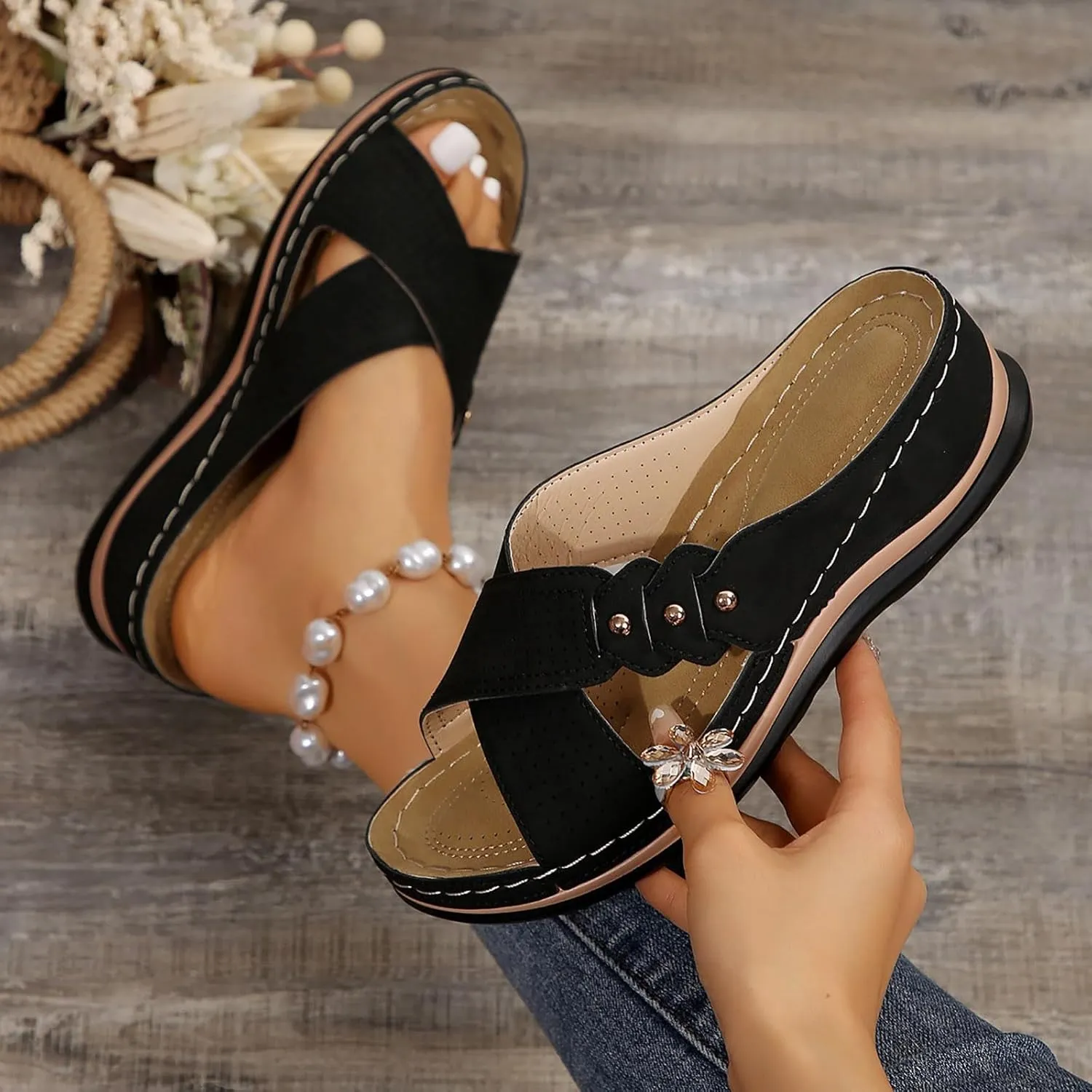 Women's Wedge Sandals with Plantar Fasciitis Casual Elastic Ankle Strap Platform Sandal Fashion Beach Sandals
