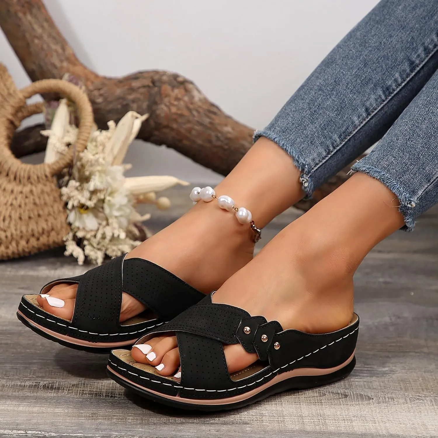 Women's Wedge Sandals with Plantar Fasciitis Casual Elastic Ankle Strap Platform Sandal Fashion Beach Sandals