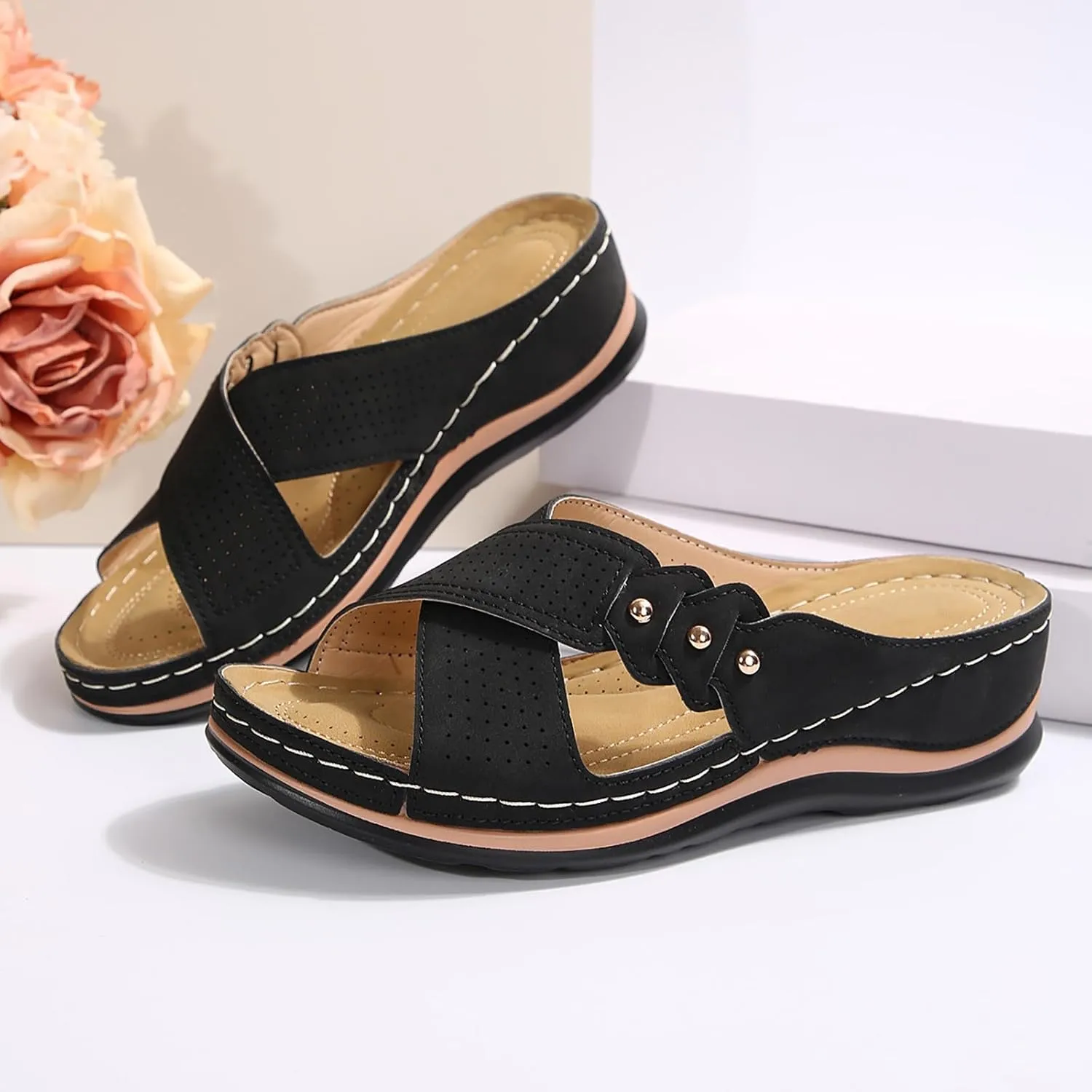 Women's Wedge Sandals with Plantar Fasciitis Casual Elastic Ankle Strap Platform Sandal Fashion Beach Sandals