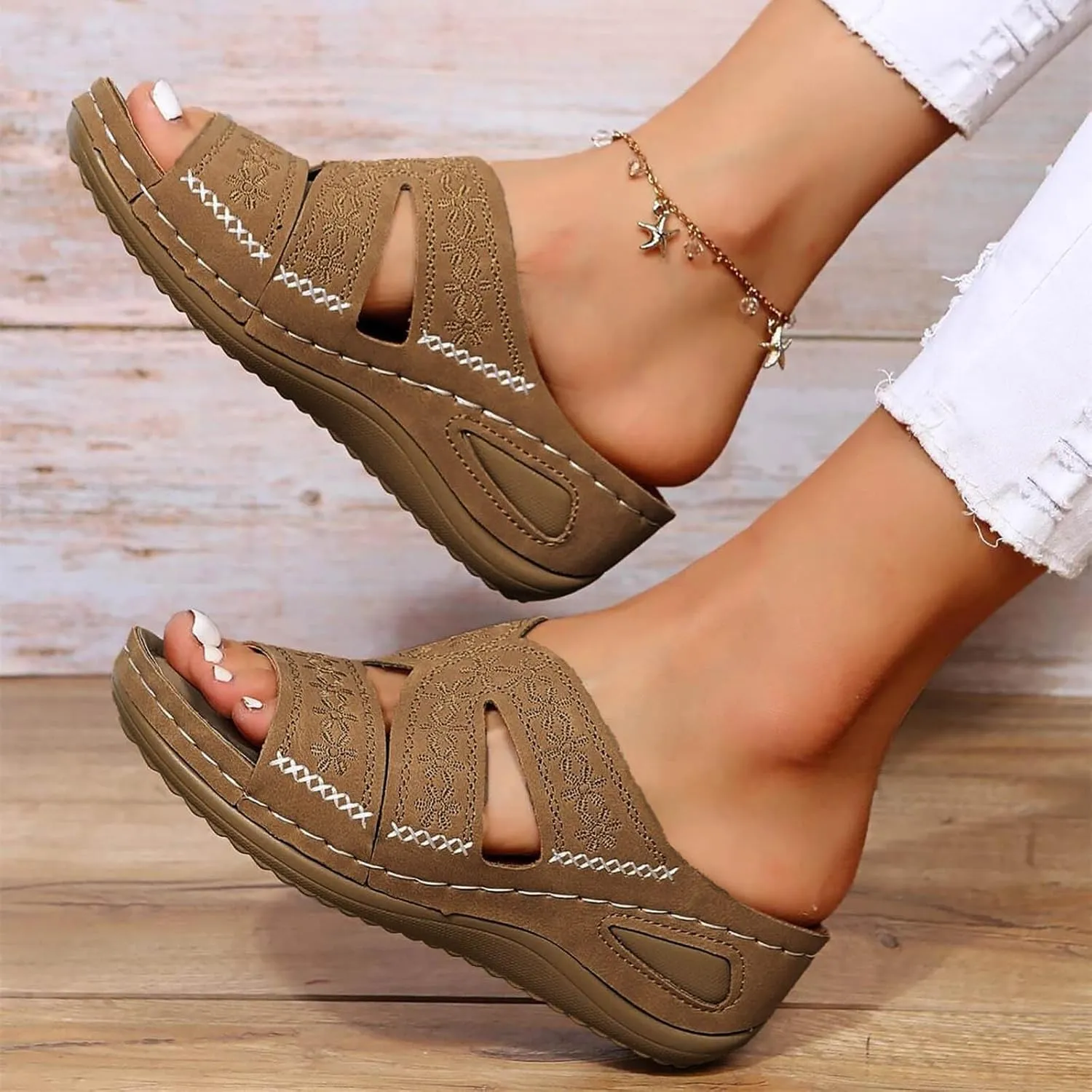 Women's Wedges Sandals Arch Support Slip On Slides Non Slip Thick Bottom Beach Slippers Dressy Sandals