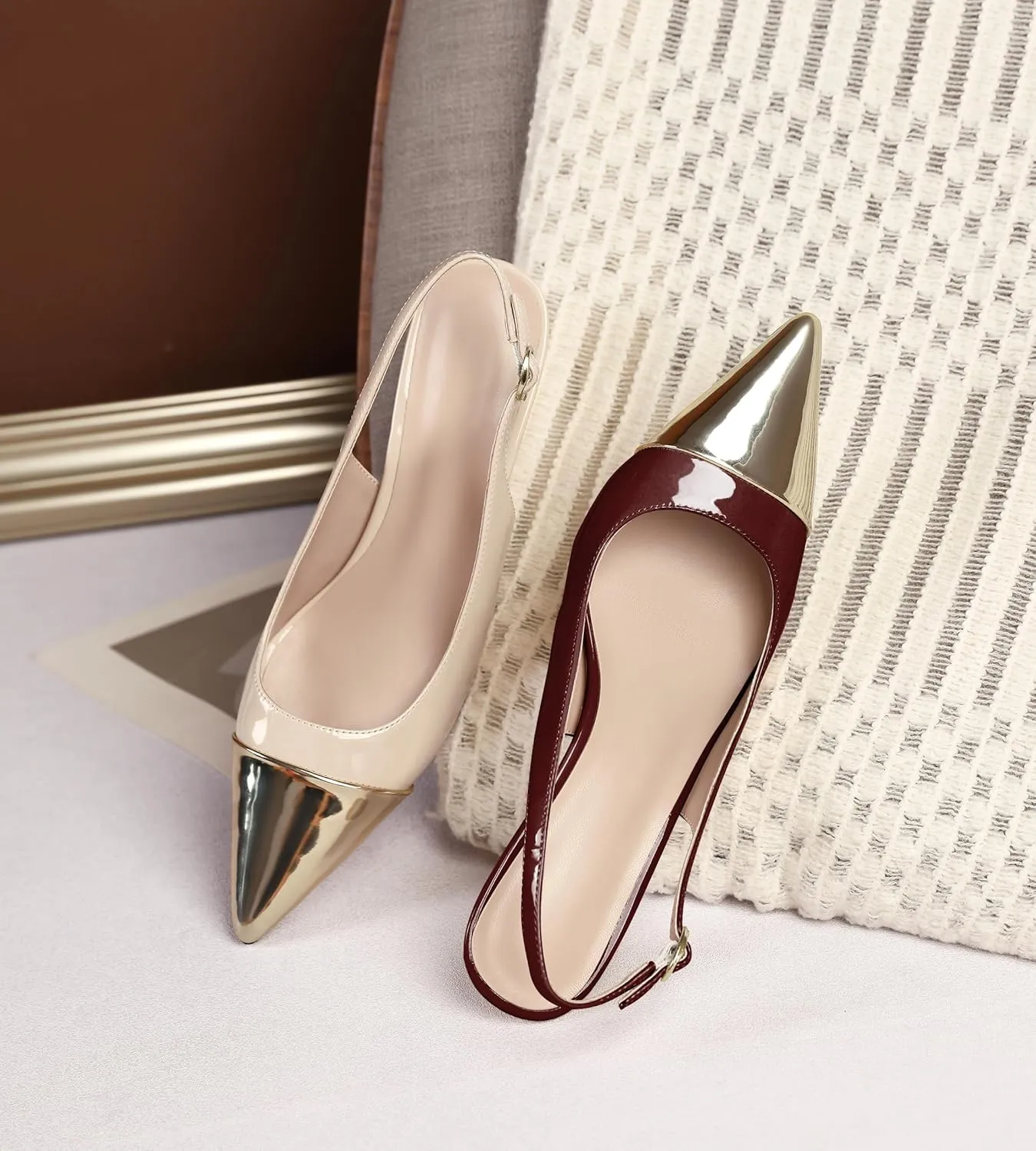 YODEKS Women's Slingback Heels Cap Toe Shoes Pointed Low Kitten Heel 2.5 Inch Pumps Two Tone Shoes for Casual Party Wedding Office