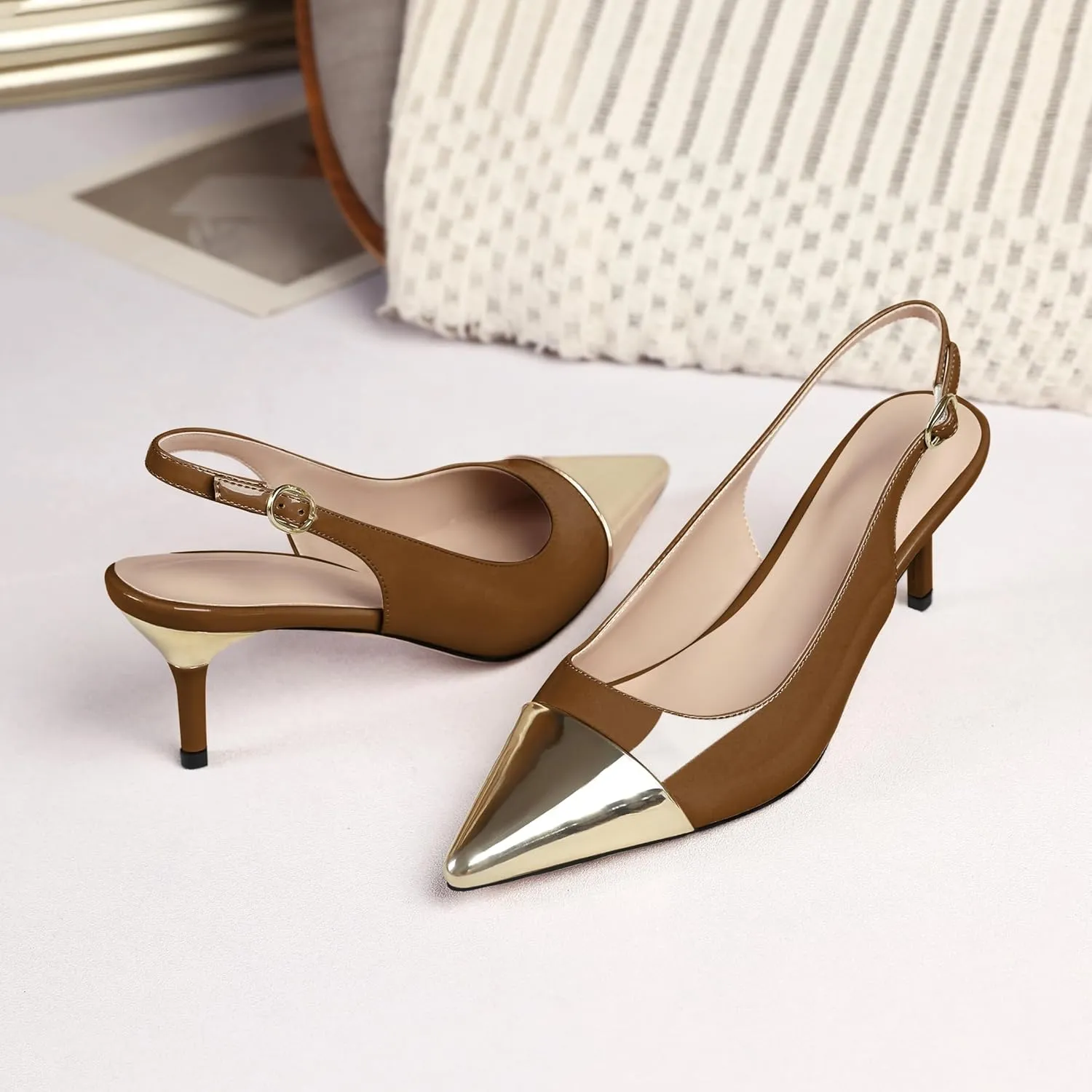 YODEKS Women's Slingback Heels Cap Toe Shoes Pointed Low Kitten Heel 2.5 Inch Pumps Two Tone Shoes for Casual Party Wedding Office