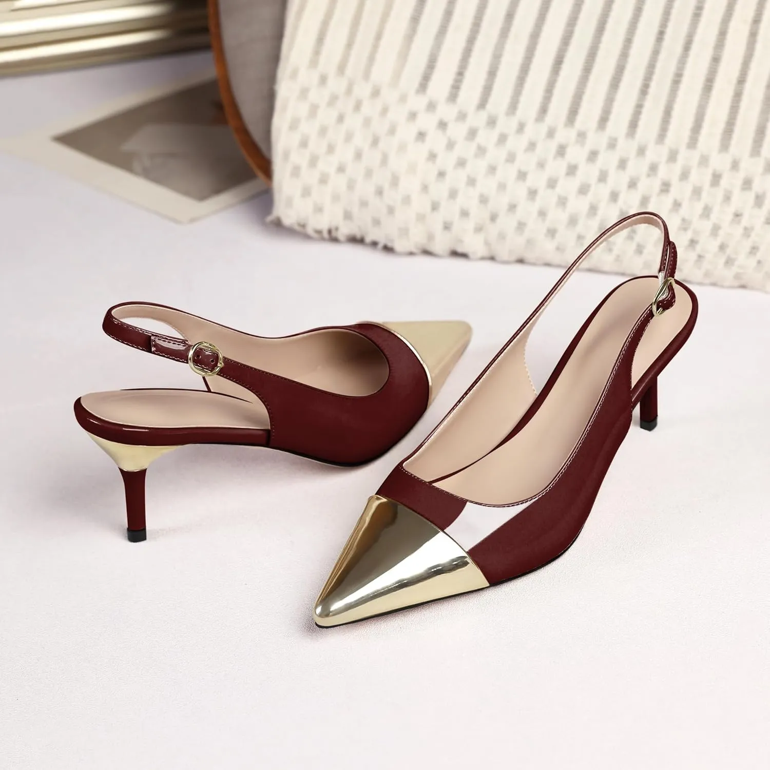 YODEKS Women's Slingback Heels Cap Toe Shoes Pointed Low Kitten Heel 2.5 Inch Pumps Two Tone Shoes for Casual Party Wedding Office