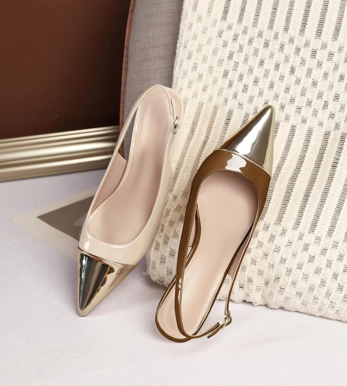 YODEKS Women's Slingback Heels Cap Toe Shoes Pointed Low Kitten Heel 2.5 Inch Pumps Two Tone Shoes for Casual Party Wedding Office