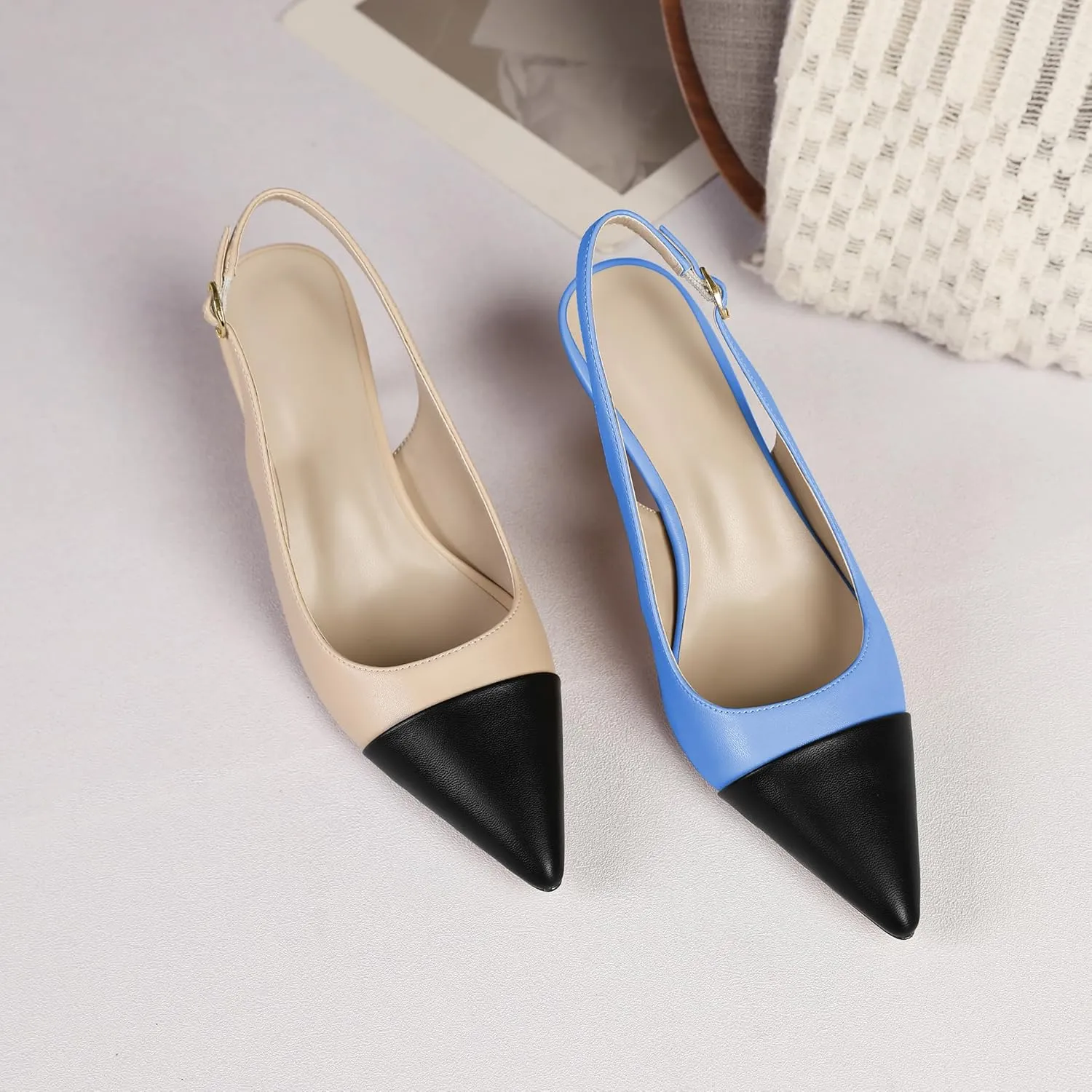 YODEKS Women's Slingback Heels Cap Toe Shoes Pointed Low Kitten Heel Pumps 2.5 Inch Two Tone Dress Shoes for Casual Party Wedding Office