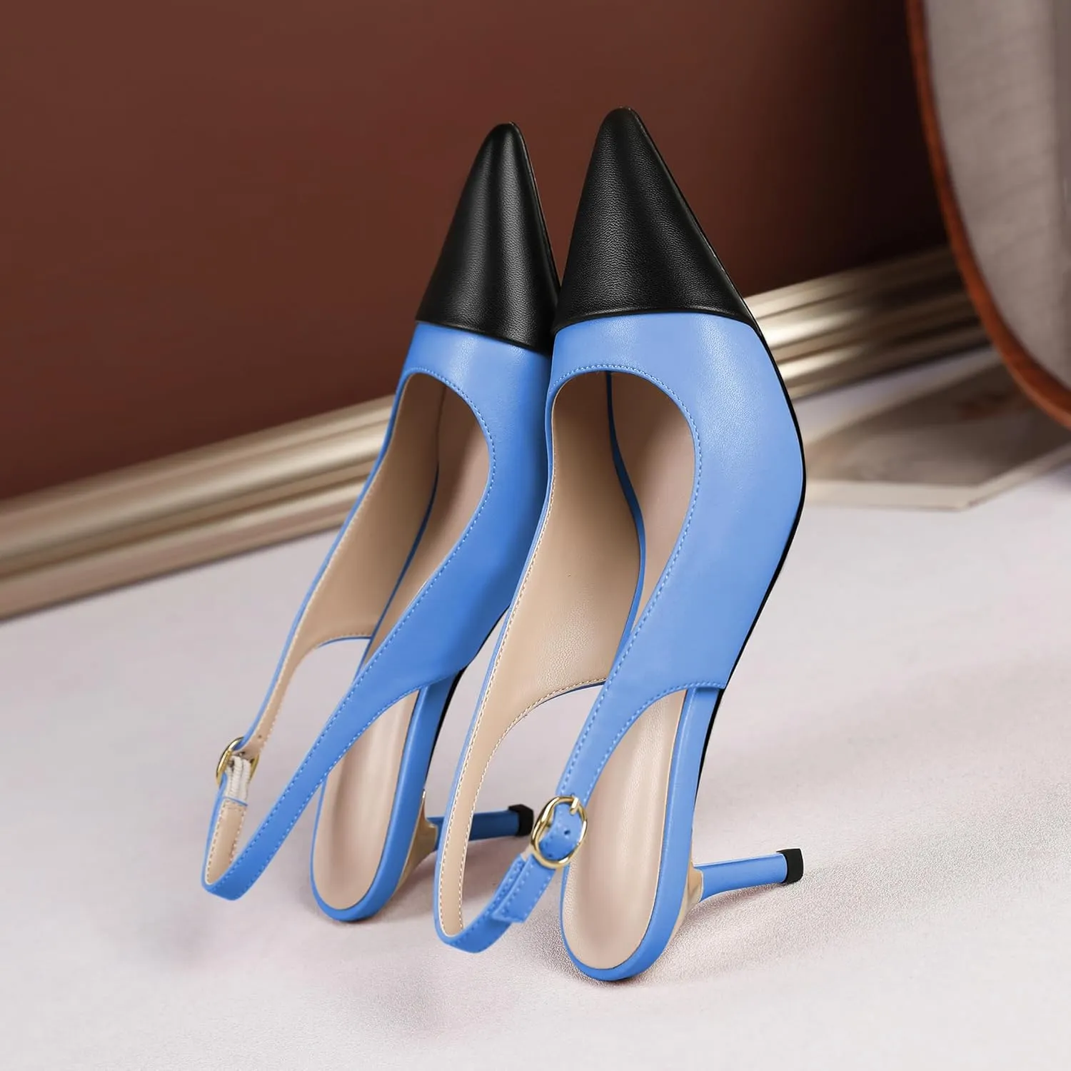 YODEKS Women's Slingback Heels Cap Toe Shoes Pointed Low Kitten Heel Pumps 2.5 Inch Two Tone Dress Shoes for Casual Party Wedding Office